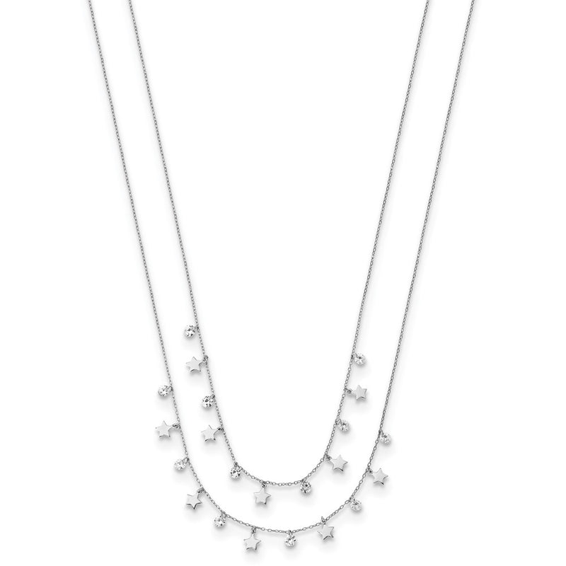 Sterling Silver Rh-Plated Stars And Cz Layered W/ 1.25In Ext. Necklace