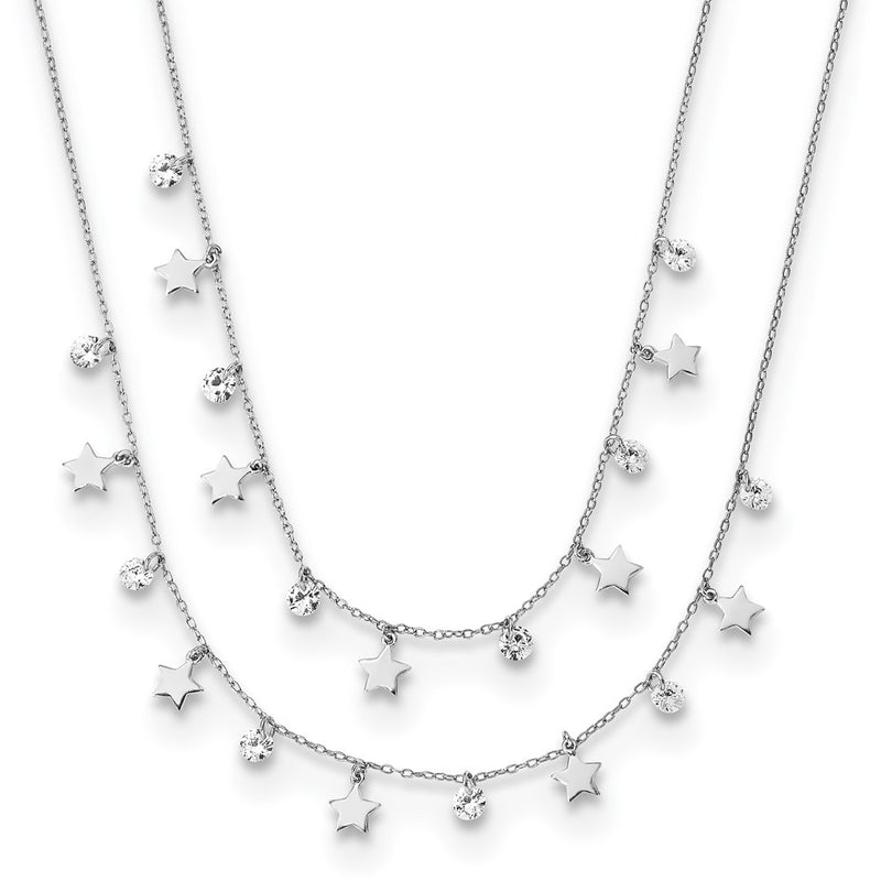 Sterling Silver Rh-Plated Stars And Cz Layered W/ 1.25In Ext. Necklace