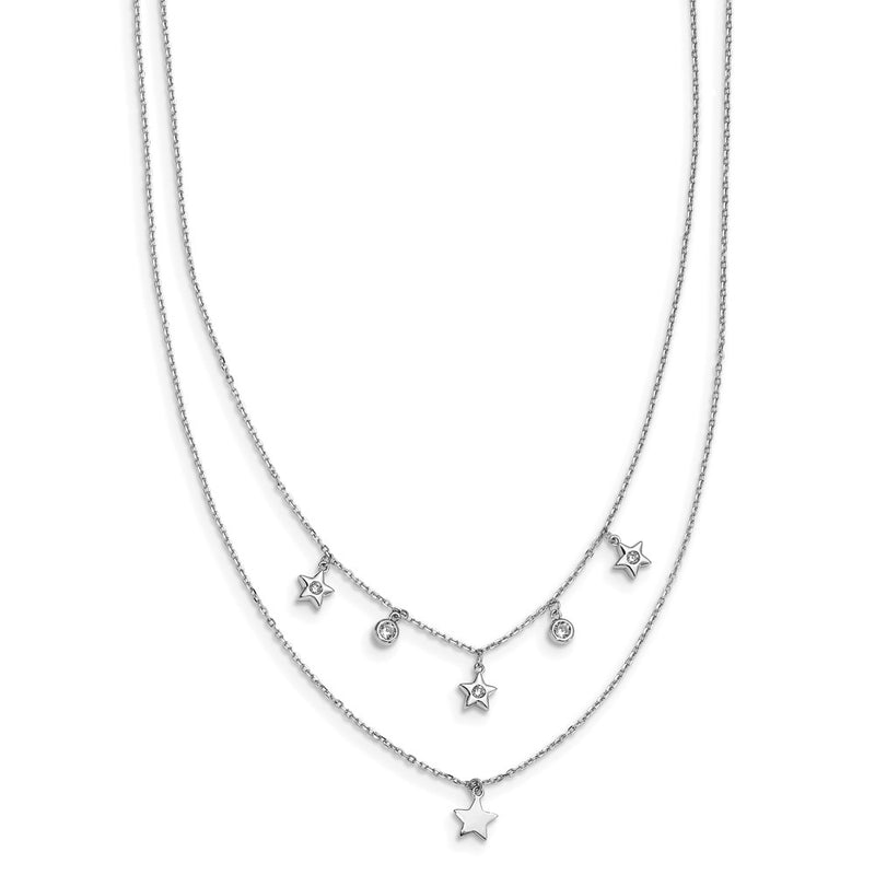 Sterling Silver Rhodium Plated Cz Layered Stars W/ 2In Ext. Necklace