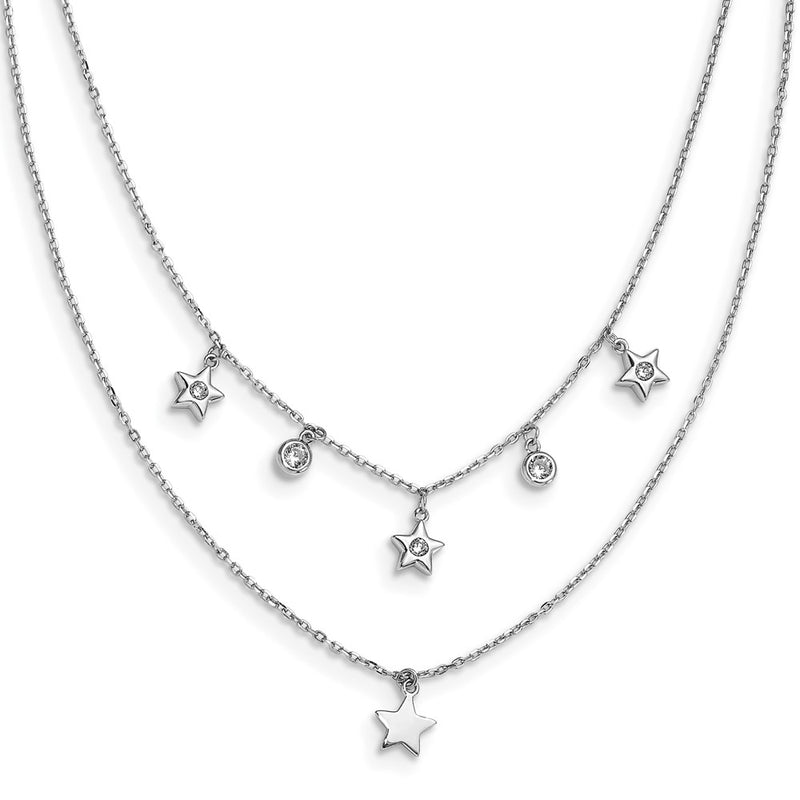 Sterling Silver Rhodium Plated Cz Layered Stars W/ 2In Ext. Necklace