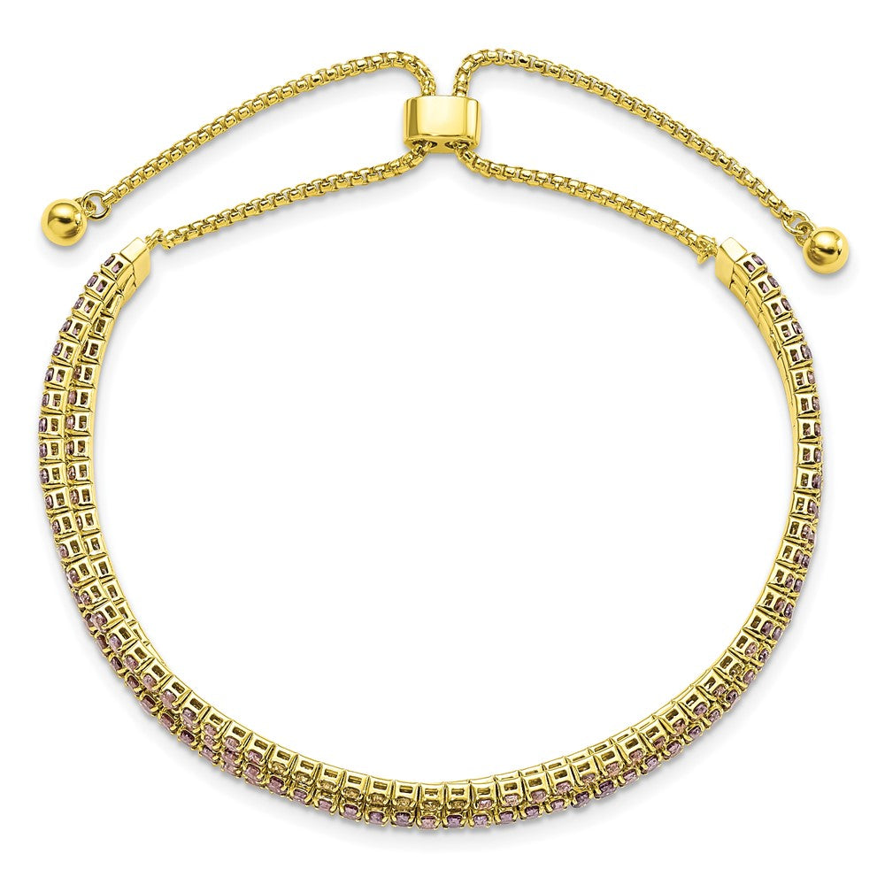 Sterling Silver Ss Gold Tone February Purple Triple Cz Adjustable Bracelet