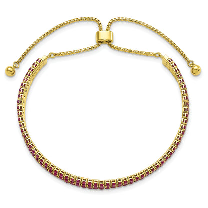 Sterling Silver Ss Gold Tone July Dark Pink Triple Cz Adjustable Bracelet