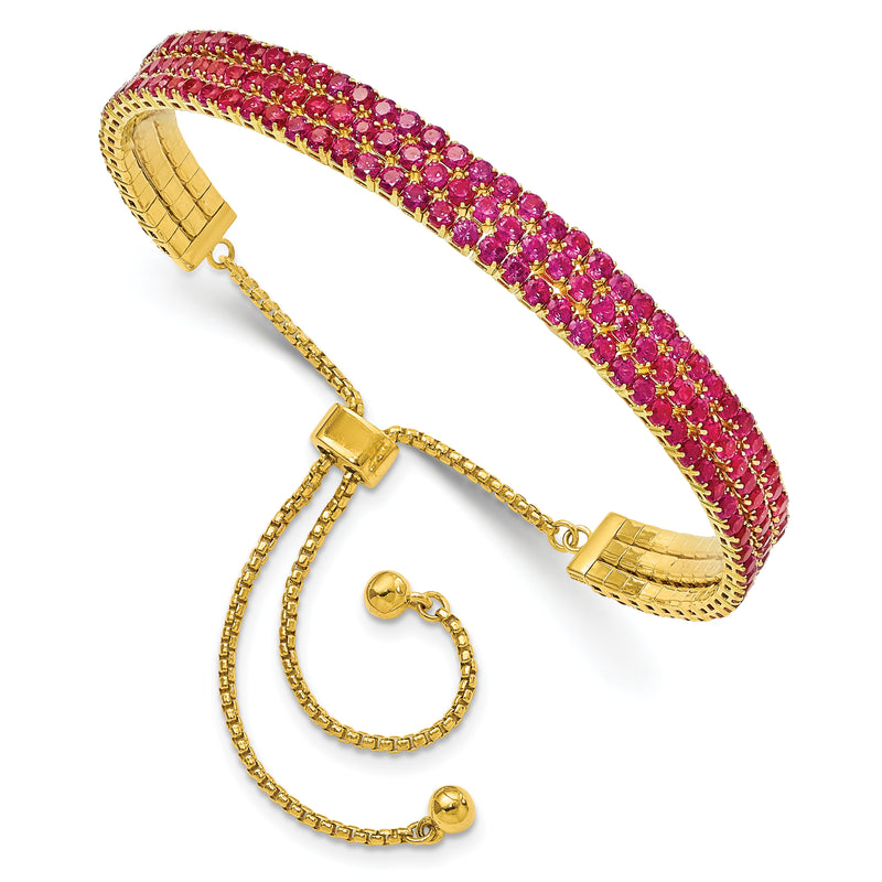 Sterling Silver Ss Gold Tone July Dark Pink Triple Cz Adjustable Bracelet