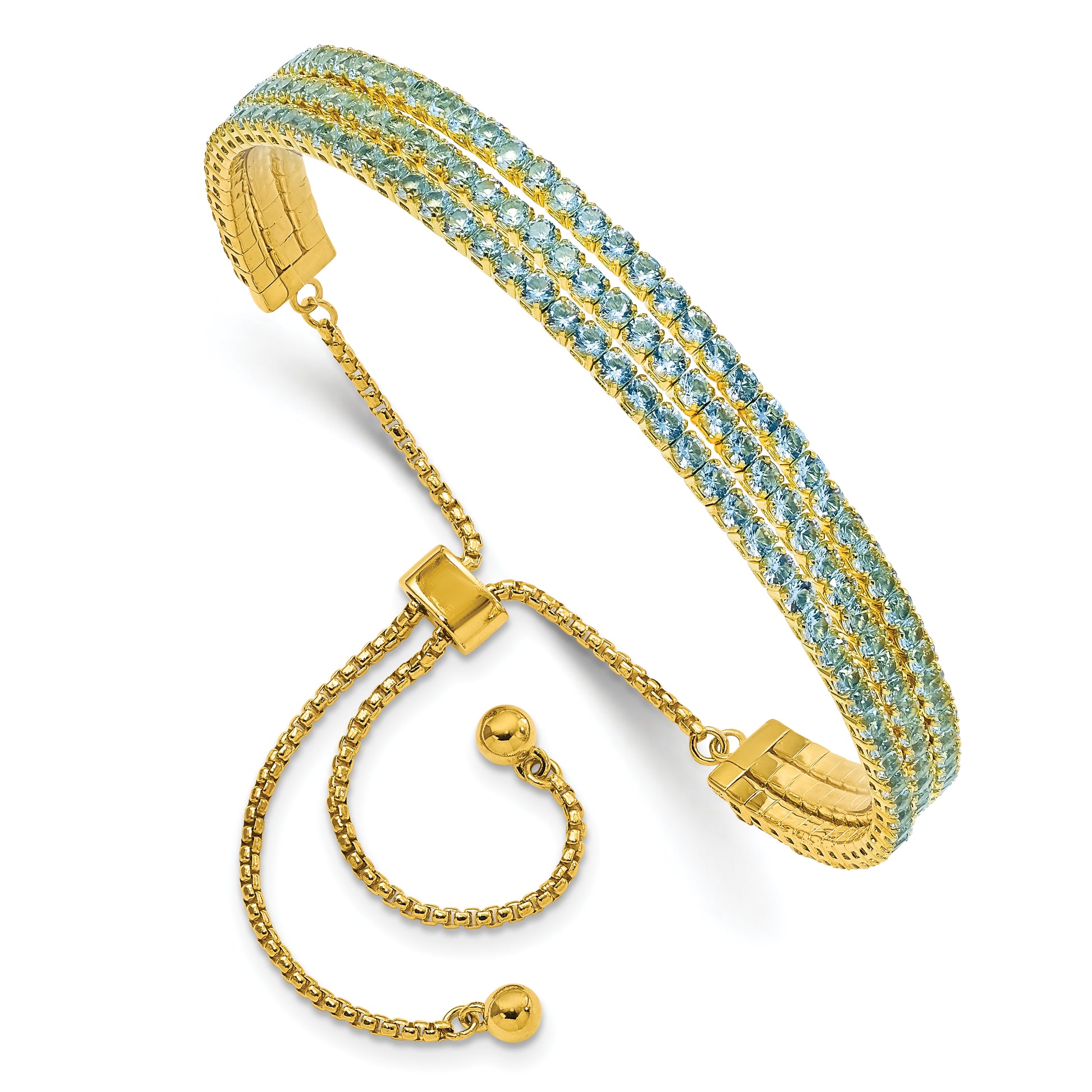Sterling Silver Ss Gold Tone March Light Blue Triple Cz Adjustable Bracelet