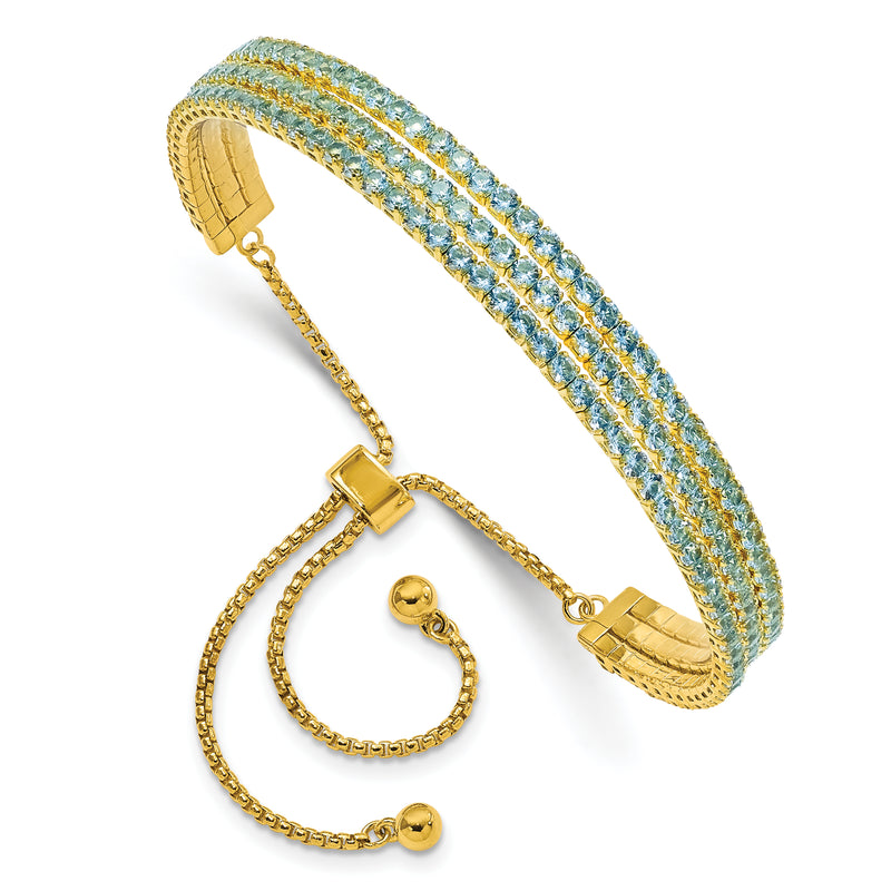 Sterling Silver Ss Gold Tone March Light Blue Triple Cz Adjustable Bracelet