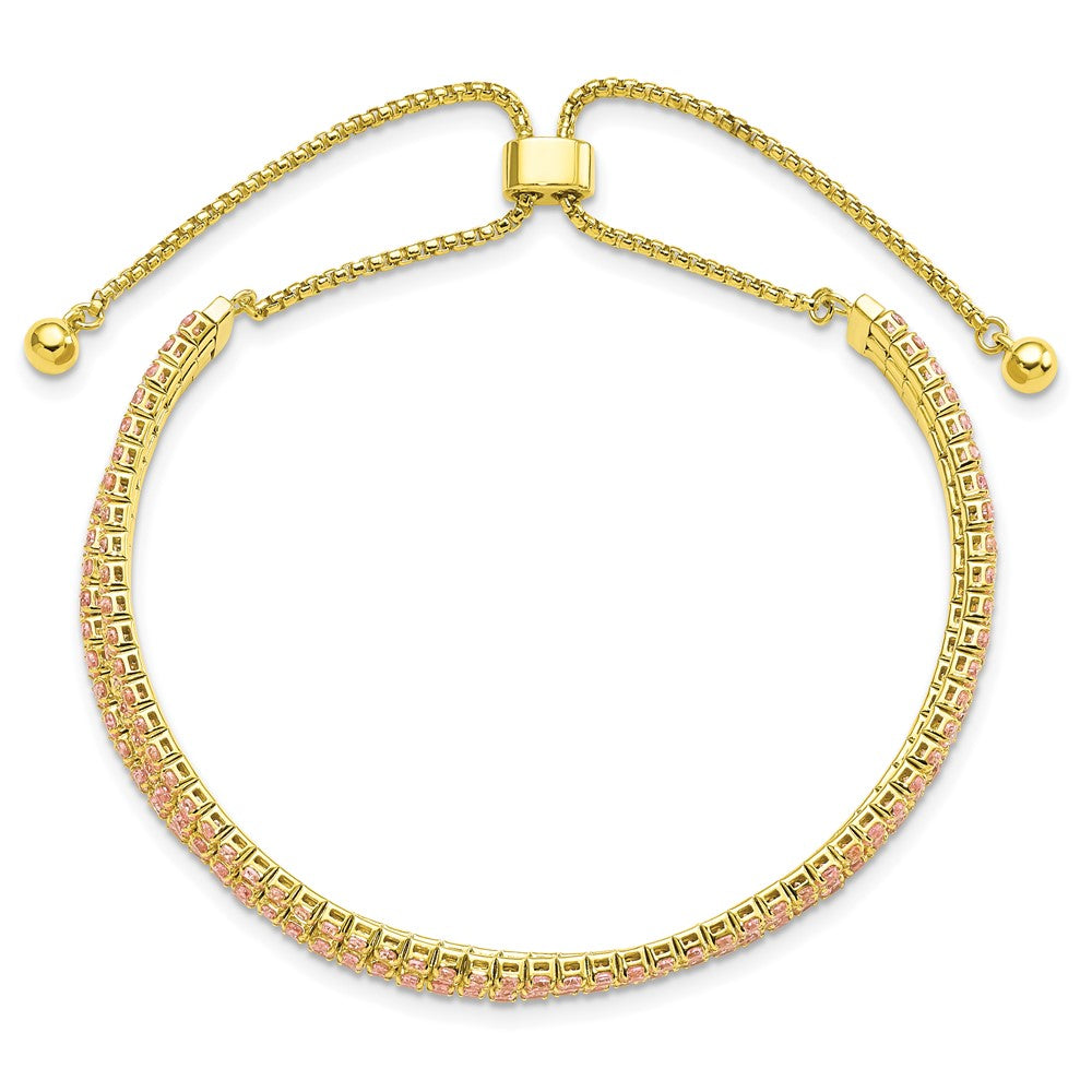 Sterling Silver Ss Gold Tone October Light Pink Triple Cz Adjustable Bracelet