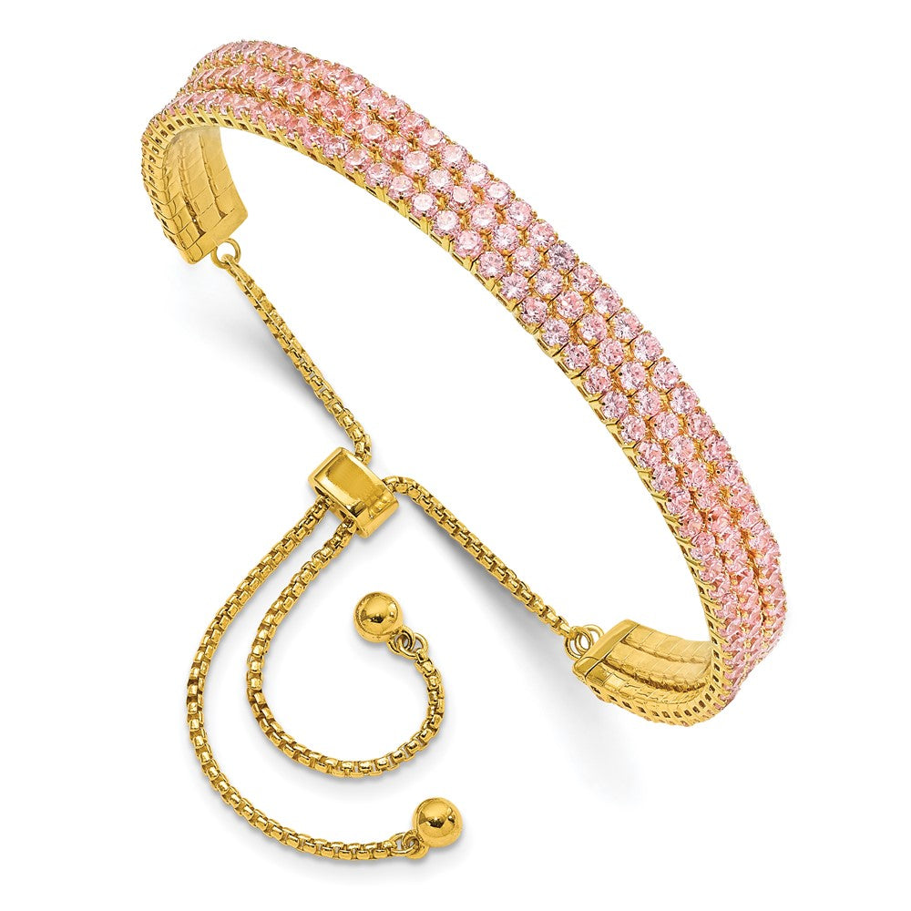 Sterling Silver Ss Gold Tone October Light Pink Triple Cz Adjustable Bracelet