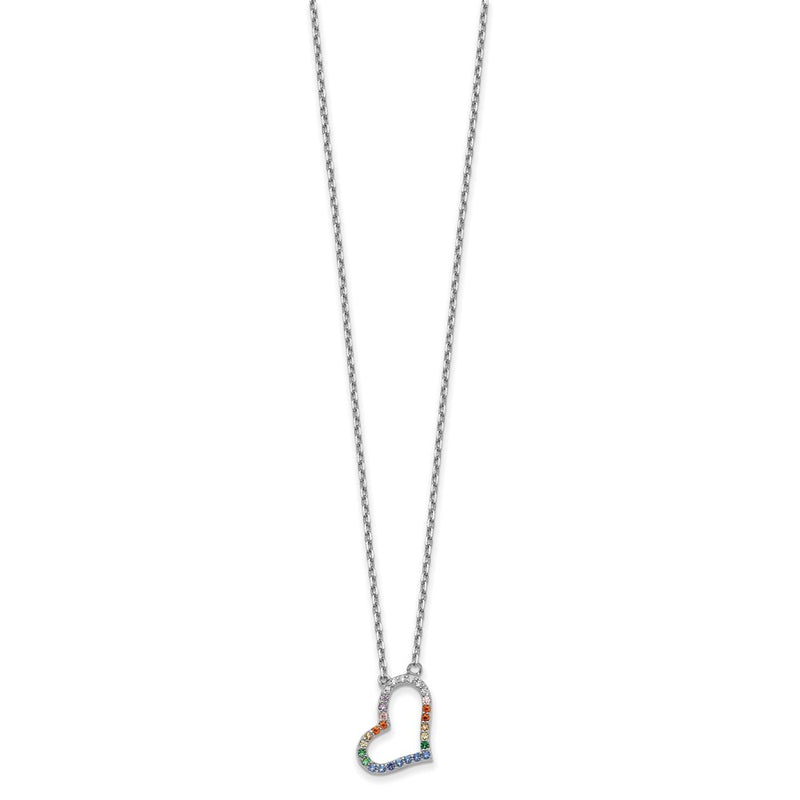 Sterling Silver Prizma Rhodium-Plated 16 Inch Colorful Cz Heart Necklace With 2 Extender