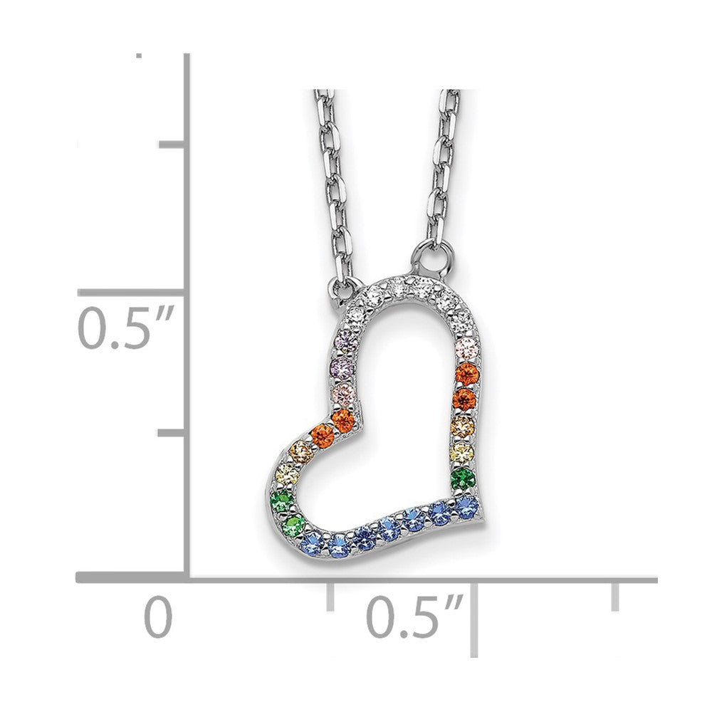 Sterling Silver Prizma Rhodium-Plated 16 Inch Colorful Cz Heart Necklace With 2 Extender