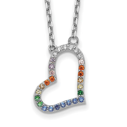 Sterling Silver Prizma Rhodium-Plated 16 Inch Colorful Cz Heart Necklace With 2 Extender