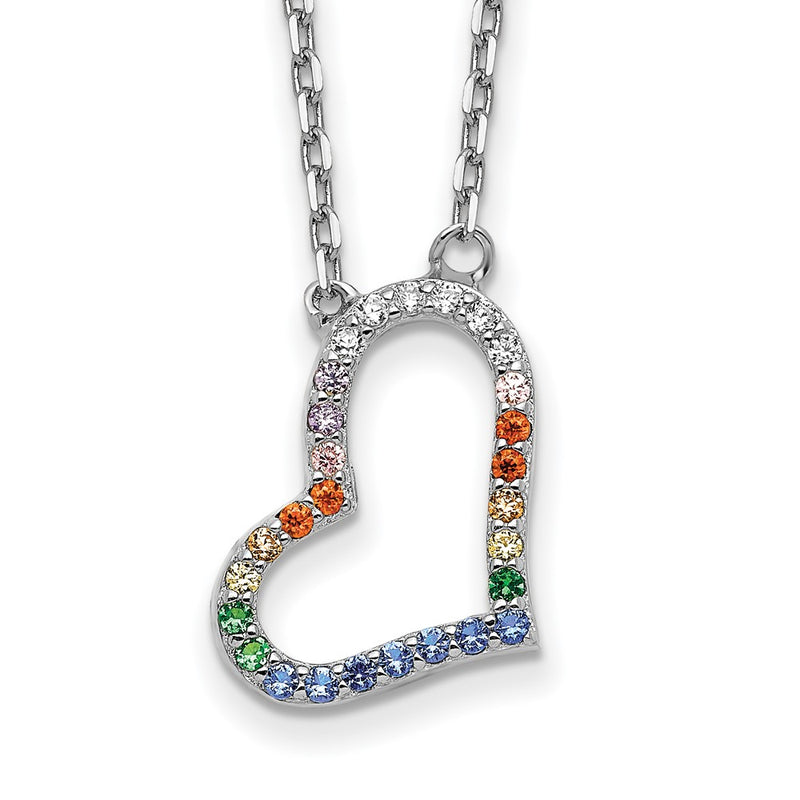 Sterling Silver Prizma Rhodium-Plated 16 Inch Colorful Cz Heart Necklace With 2 Extender