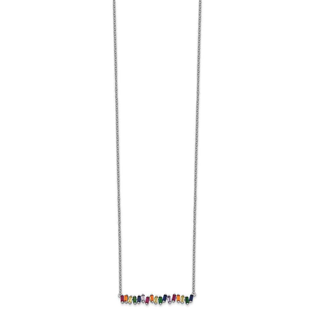 Sterling Silver Prizma Rhodium-Plated 16 Inch Colorful Cz Bar Necklace With 2 Extender