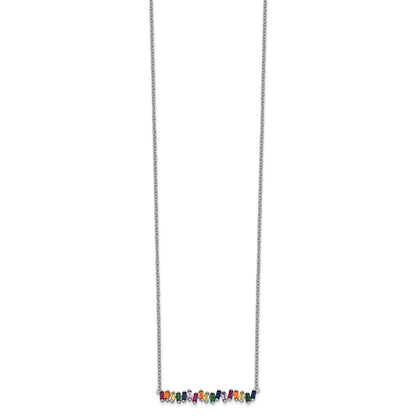 Sterling Silver Prizma Rhodium-Plated 16 Inch Colorful Cz Bar Necklace With 2 Extender