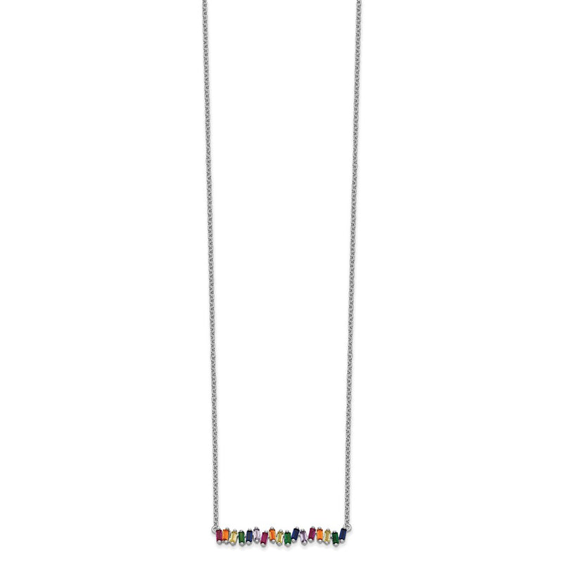 Sterling Silver Prizma Rhodium-Plated 16 Inch Colorful Cz Bar Necklace With 2 Extender