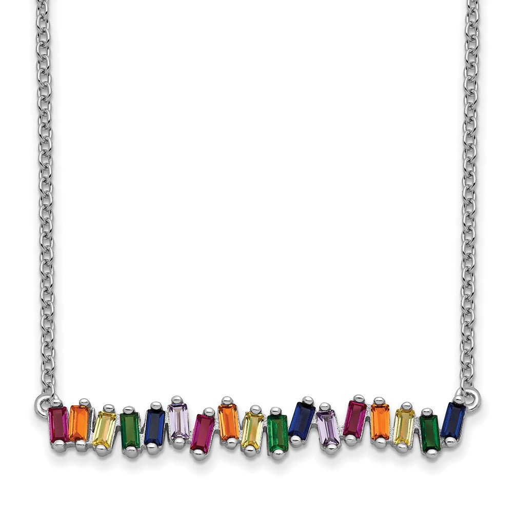 Sterling Silver Prizma Rhodium-Plated 16 Inch Colorful Cz Bar Necklace With 2 Extender