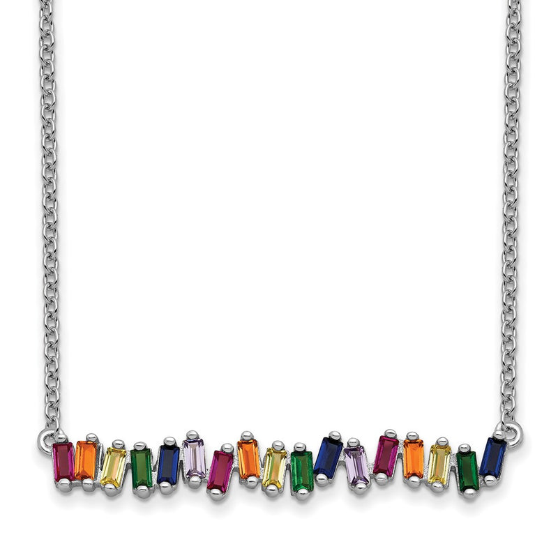Sterling Silver Prizma Rhodium-Plated 16 Inch Colorful Cz Bar Necklace With 2 Extender