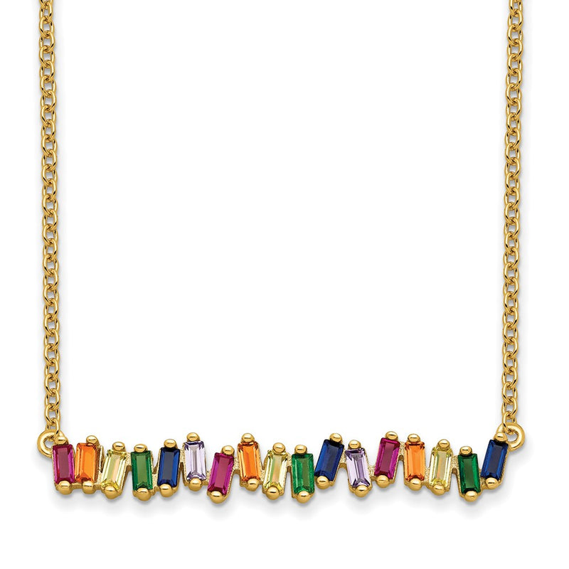 Sterling Silver Prizma Gold-Tone 14K Flash Gold-Plated 16 Inch Colorful Cz Bar Necklace With 2 Extender