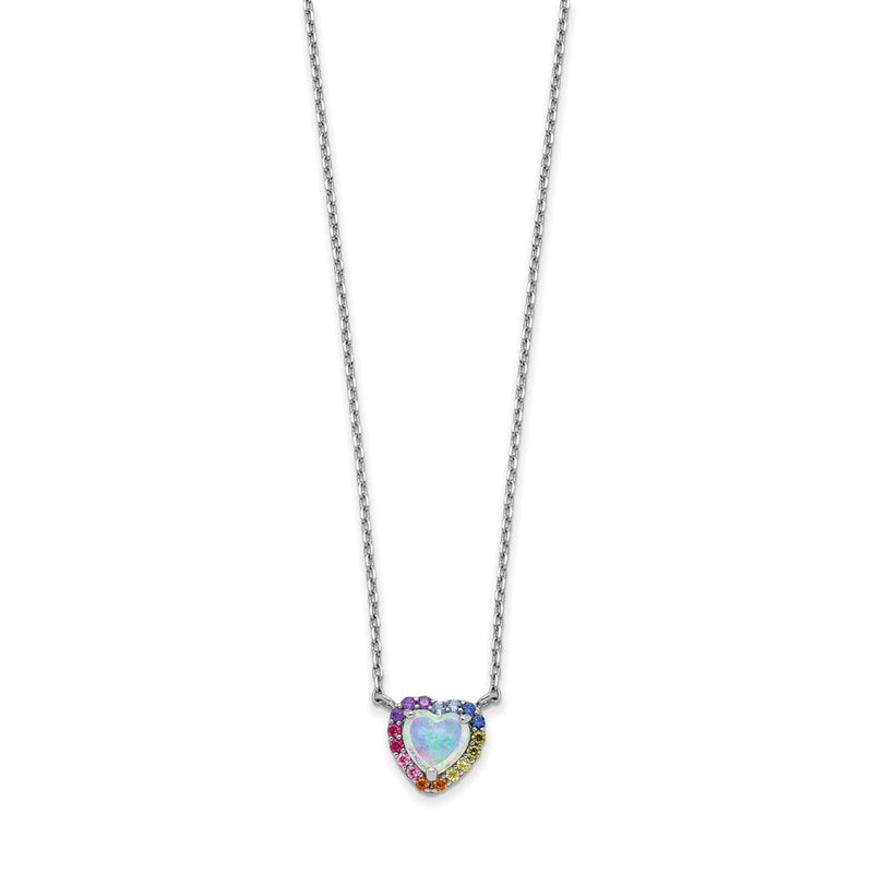 Sterling Silver Rhodium-Plated 16 Inch Lab Created Opal And Colorful Cz Heart Necklace With 2 Extender