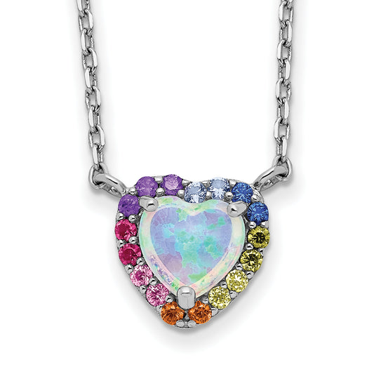 Sterling Silver Rhodium-Plated 16 Inch Lab Created Opal And Colorful Cz Heart Necklace With 2 Extender