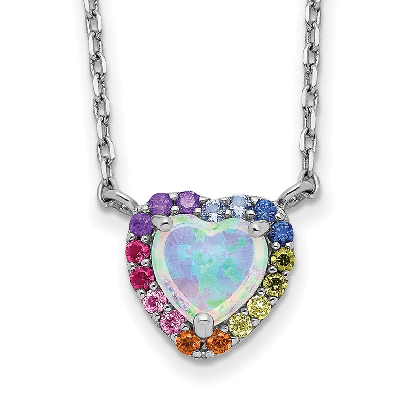 Sterling Silver Rhodium-Plated 16 Inch Lab Created Opal And Colorful Cz Heart Necklace With 2 Extender