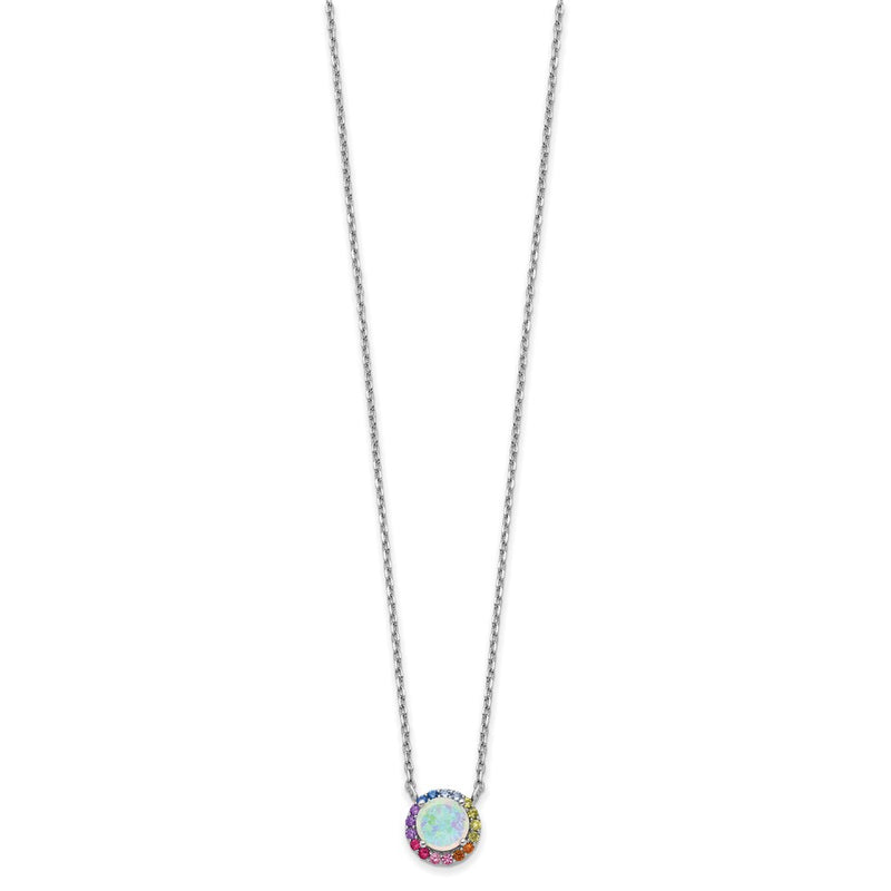 Sterling Silver Prizma Rhodium-Plated 16 Inch Lab Created Opal And Colorful Cz Round Necklace With 2 Extender