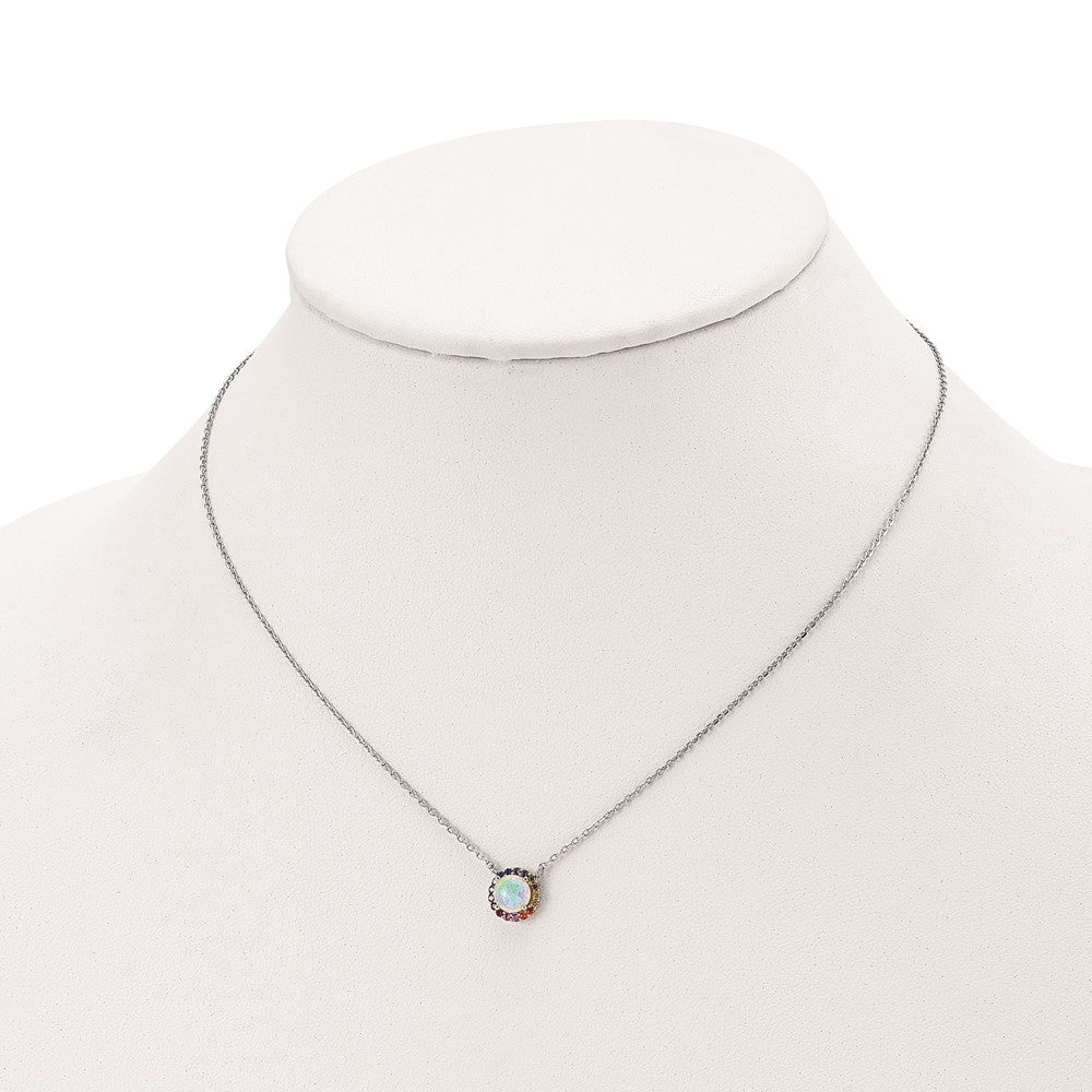 Sterling Silver Prizma Rhodium-Plated 16 Inch Lab Created Opal And Colorful Cz Round Necklace With 2 Extender
