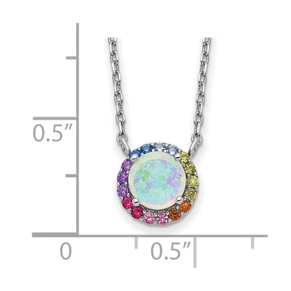Sterling Silver Prizma Rhodium-Plated 16 Inch Lab Created Opal And Colorful Cz Round Necklace With 2 Extender