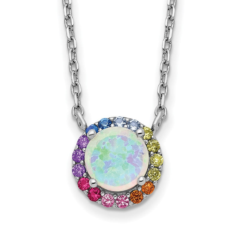 Sterling Silver Prizma Rhodium-Plated 16 Inch Lab Created Opal And Colorful Cz Round Necklace With 2 Extender
