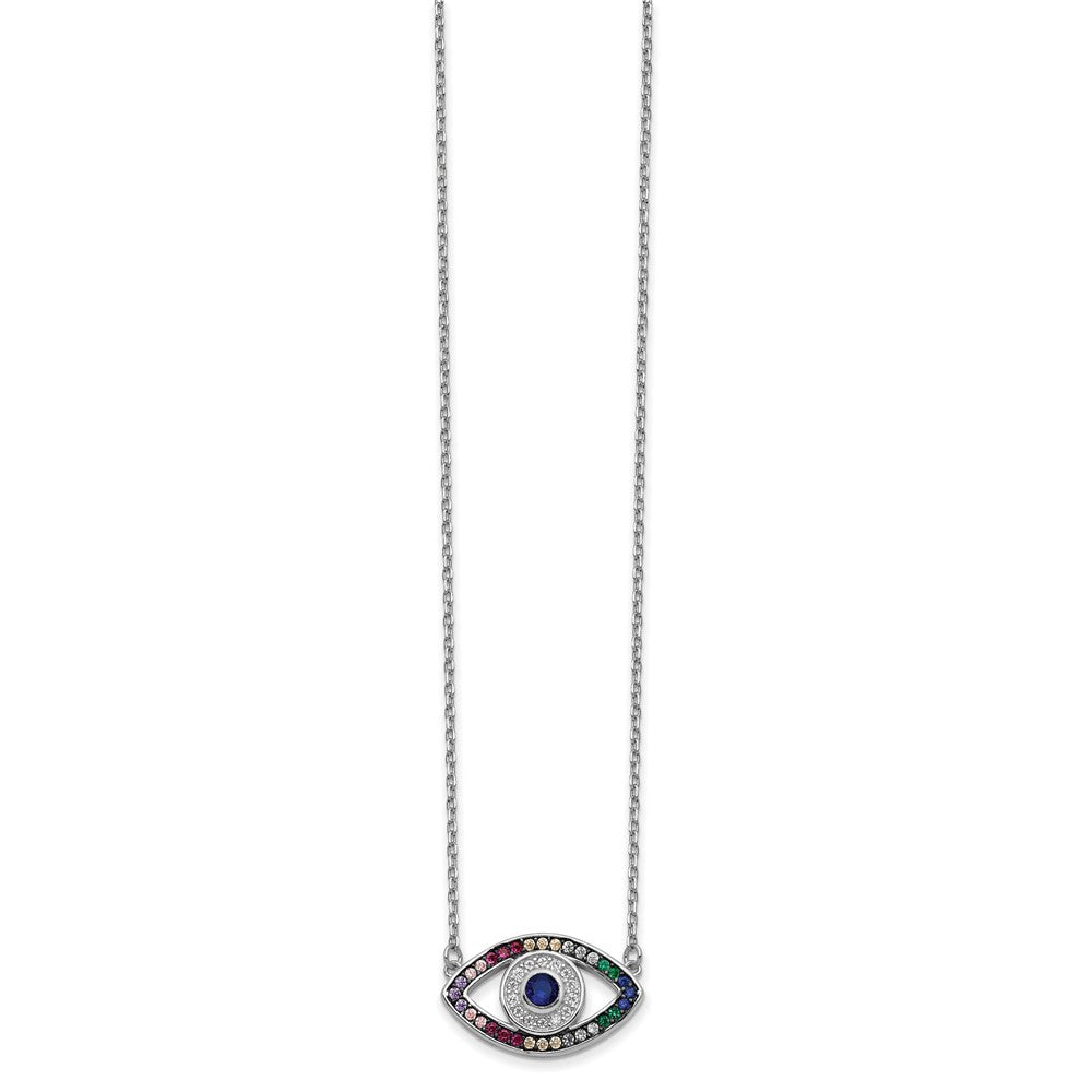 Sterling Silver Prizma Rhodium-Plated 16 Inch Colorful Cz Evil Eye Necklace With 2 Extender