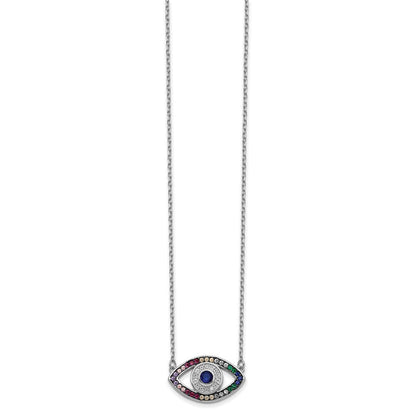 Sterling Silver Prizma Rhodium-Plated 16 Inch Colorful Cz Evil Eye Necklace With 2 Extender