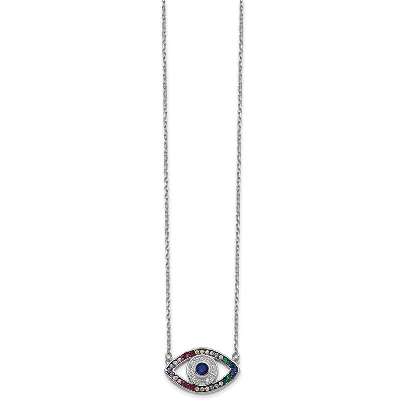 Sterling Silver Prizma Rhodium-Plated 16 Inch Colorful Cz Evil Eye Necklace With 2 Extender