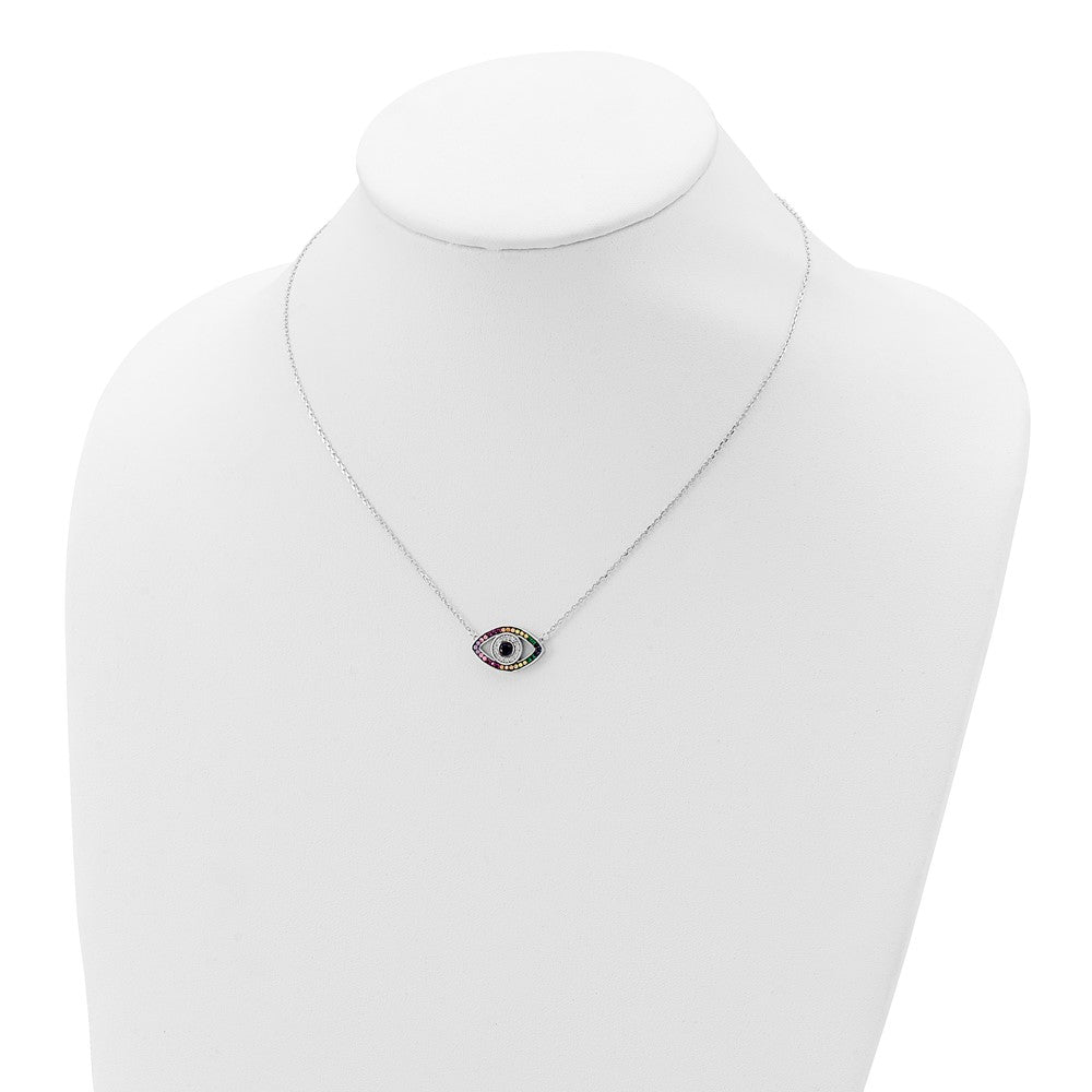 Sterling Silver Prizma Rhodium-Plated 16 Inch Colorful Cz Evil Eye Necklace With 2 Extender