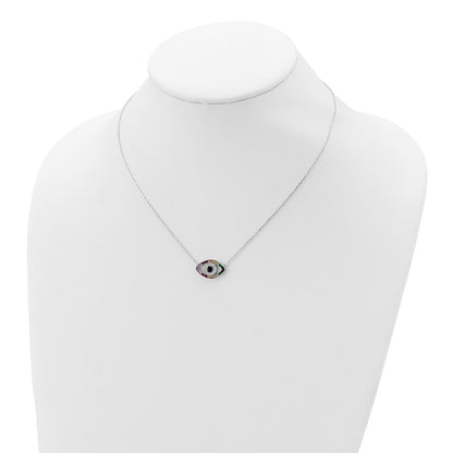 Sterling Silver Prizma Rhodium-Plated 16 Inch Colorful Cz Evil Eye Necklace With 2 Extender