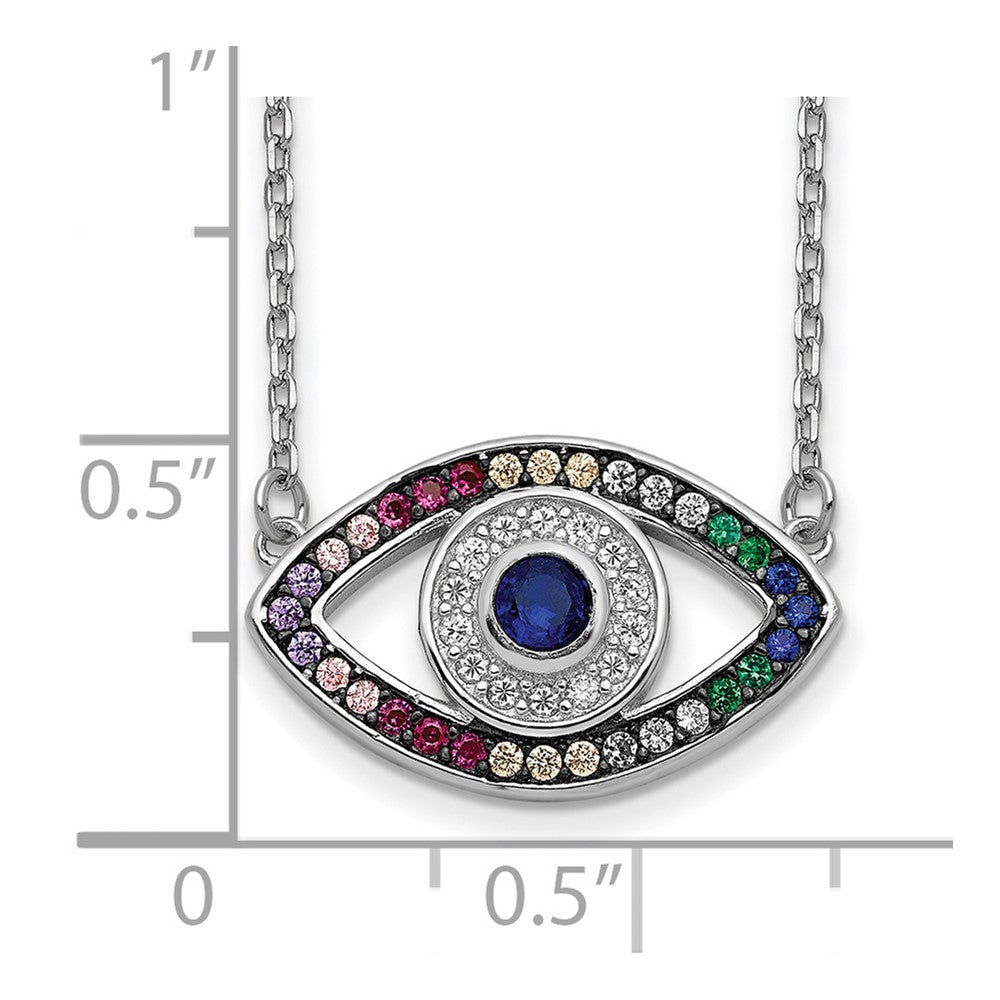 Sterling Silver Prizma Rhodium-Plated 16 Inch Colorful Cz Evil Eye Necklace With 2 Extender