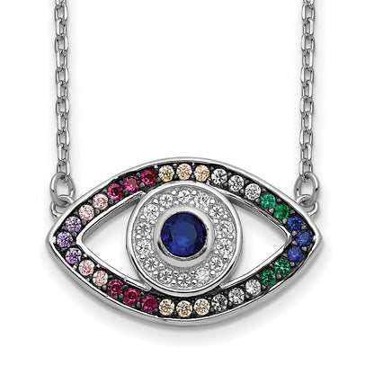 Sterling Silver Prizma Rhodium-Plated 16 Inch Colorful Cz Evil Eye Necklace With 2 Extender