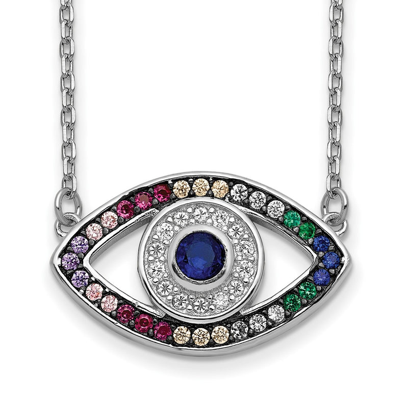 Sterling Silver Prizma Rhodium-Plated 16 Inch Colorful Cz Evil Eye Necklace With 2 Extender