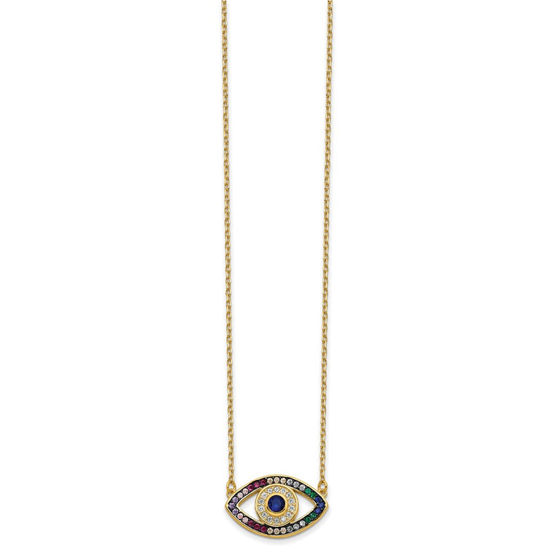 Sterling Silver Prizma Gold-Tone 14K Flash Gold-Plated 16 Inch Colorful Cz Evil Eye Necklace With 2 Extender