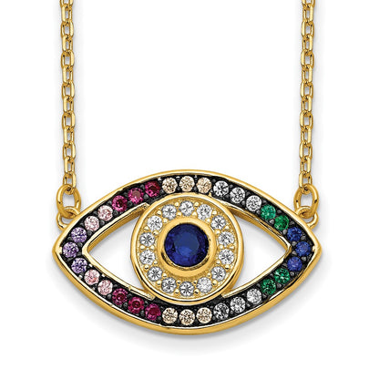 Sterling Silver Prizma Gold-Tone 14K Flash Gold-Plated 16 Inch Colorful Cz Evil Eye Necklace With 2 Extender
