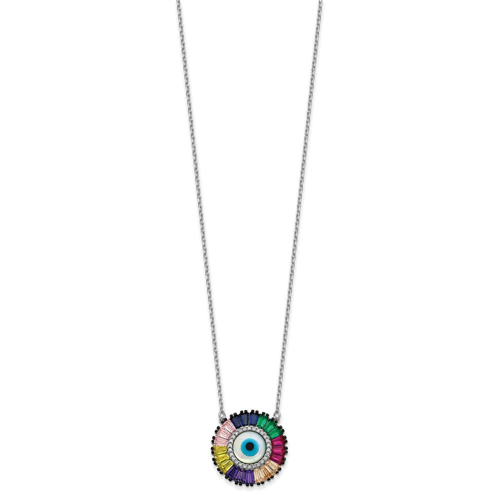 Sterling Silver Prizma Rhodium-Plated 16 Inch White And Colorful Cz Glass Evil Eye Necklace With 2 Extender