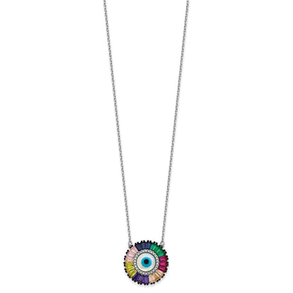 Sterling Silver Prizma Rhodium-Plated 16 Inch White And Colorful Cz Glass Evil Eye Necklace With 2 Extender