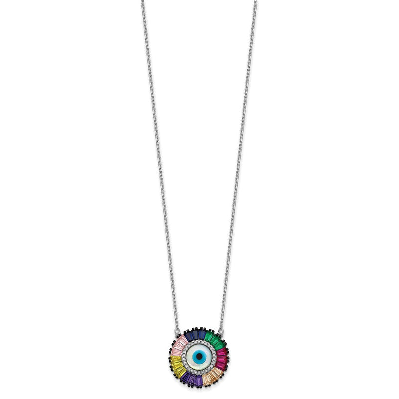 Sterling Silver Prizma Rhodium-Plated 16 Inch White And Colorful Cz Glass Evil Eye Necklace With 2 Extender
