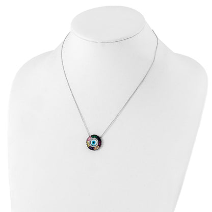 Sterling Silver Prizma Rhodium-Plated 16 Inch White And Colorful Cz Glass Evil Eye Necklace With 2 Extender
