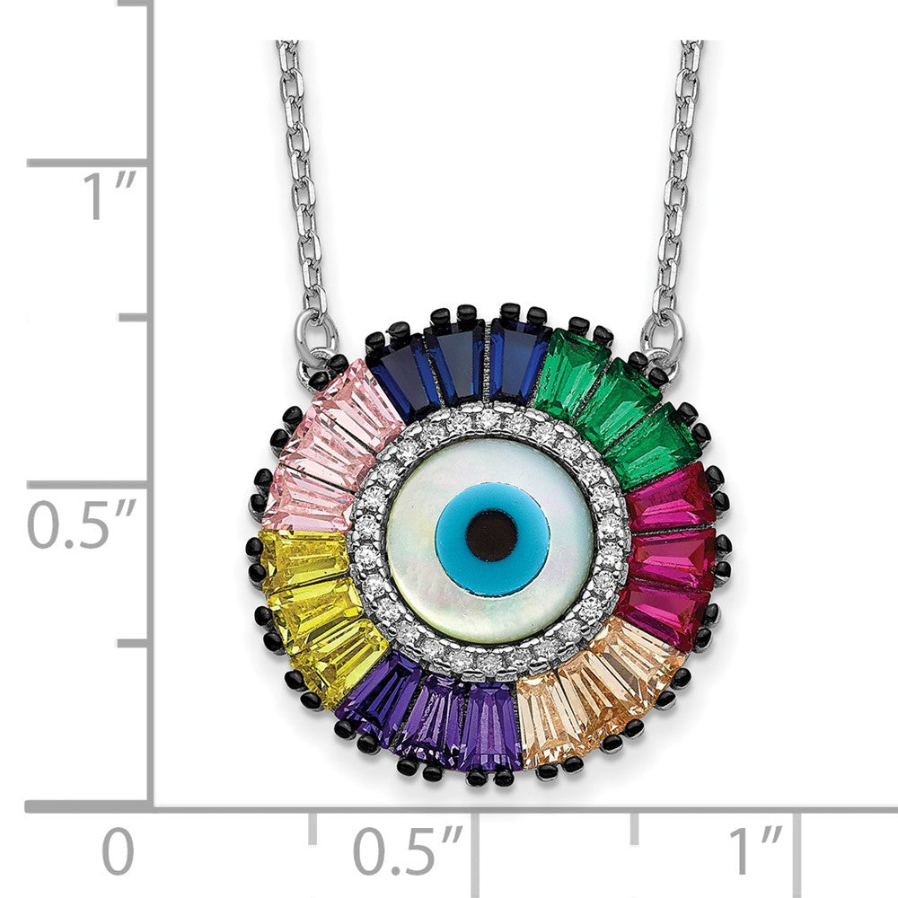 Sterling Silver Prizma Rhodium-Plated 16 Inch White And Colorful Cz Glass Evil Eye Necklace With 2 Extender