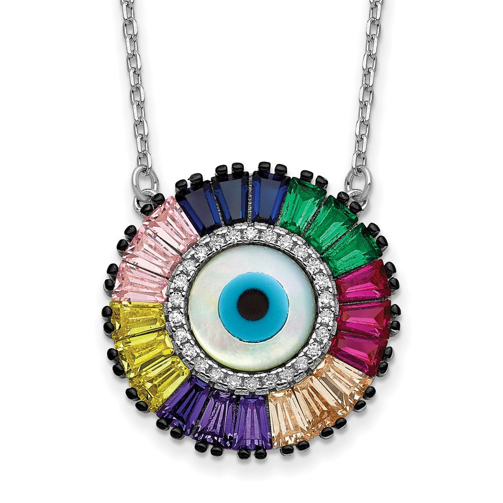 Sterling Silver Prizma Rhodium-Plated 16 Inch White And Colorful Cz Glass Evil Eye Necklace With 2 Extender