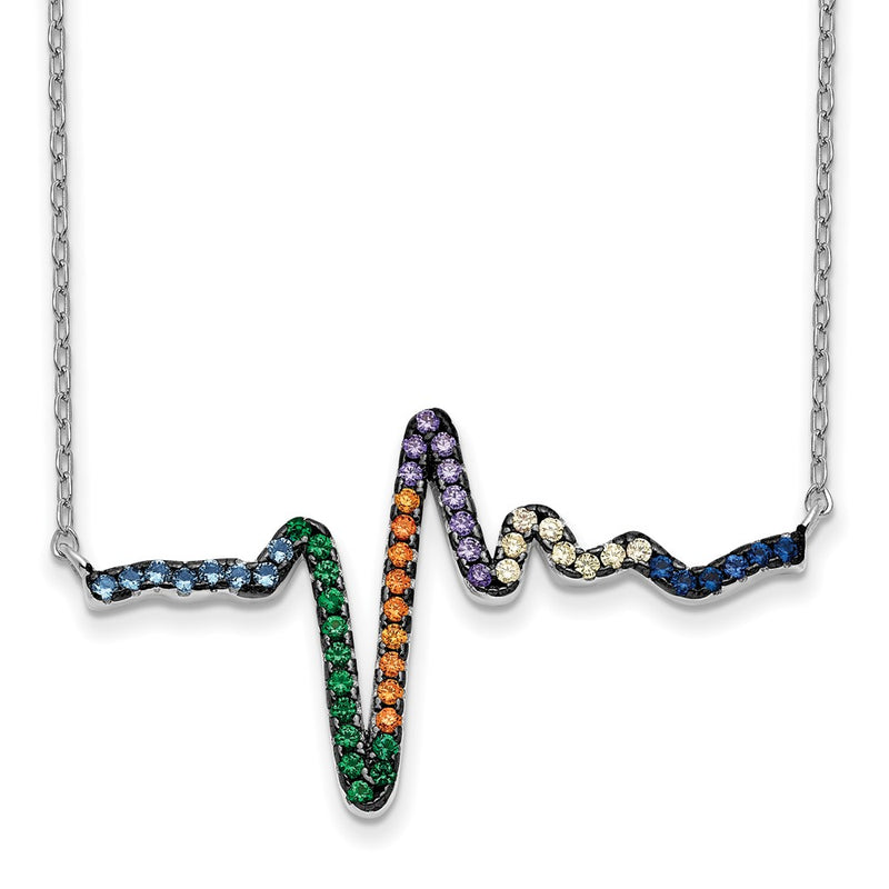 Sterling Silver Prizma Rhodium-Plated 18 Inch Clasp Colorful Cz Heartbeat Necklace With 1 Extender