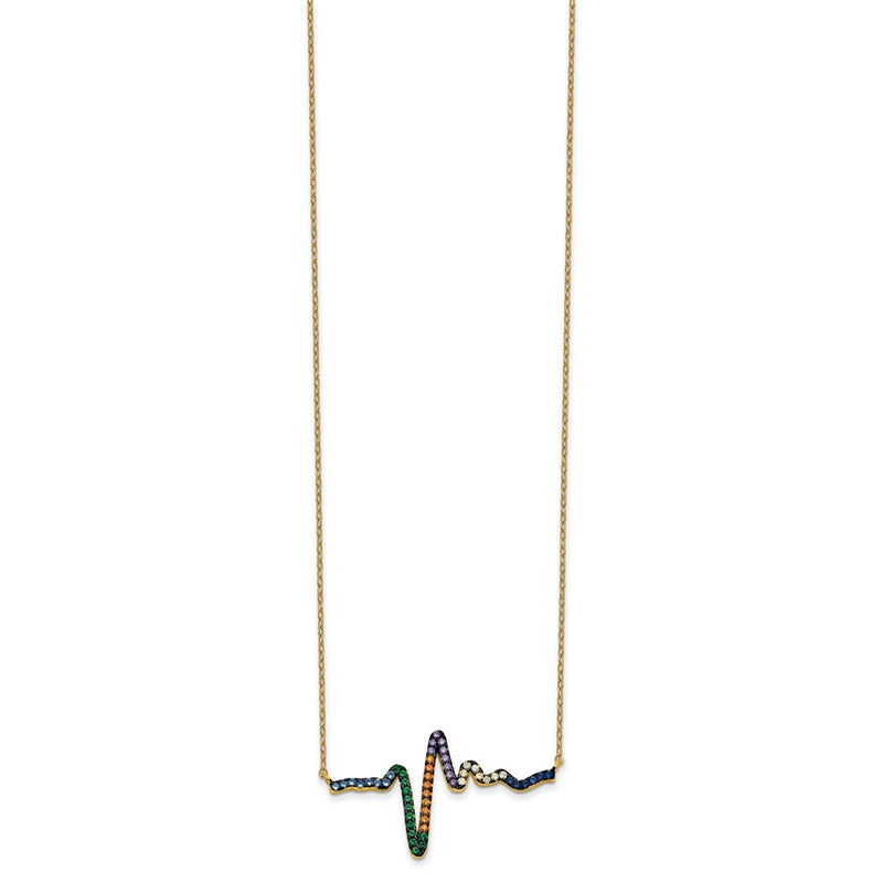 Sterling Silver Prizma Gold-Tone 14K Flash Gold-Plated 18 Inch Colorful Cz Heartbeat Necklace With 1 Extender