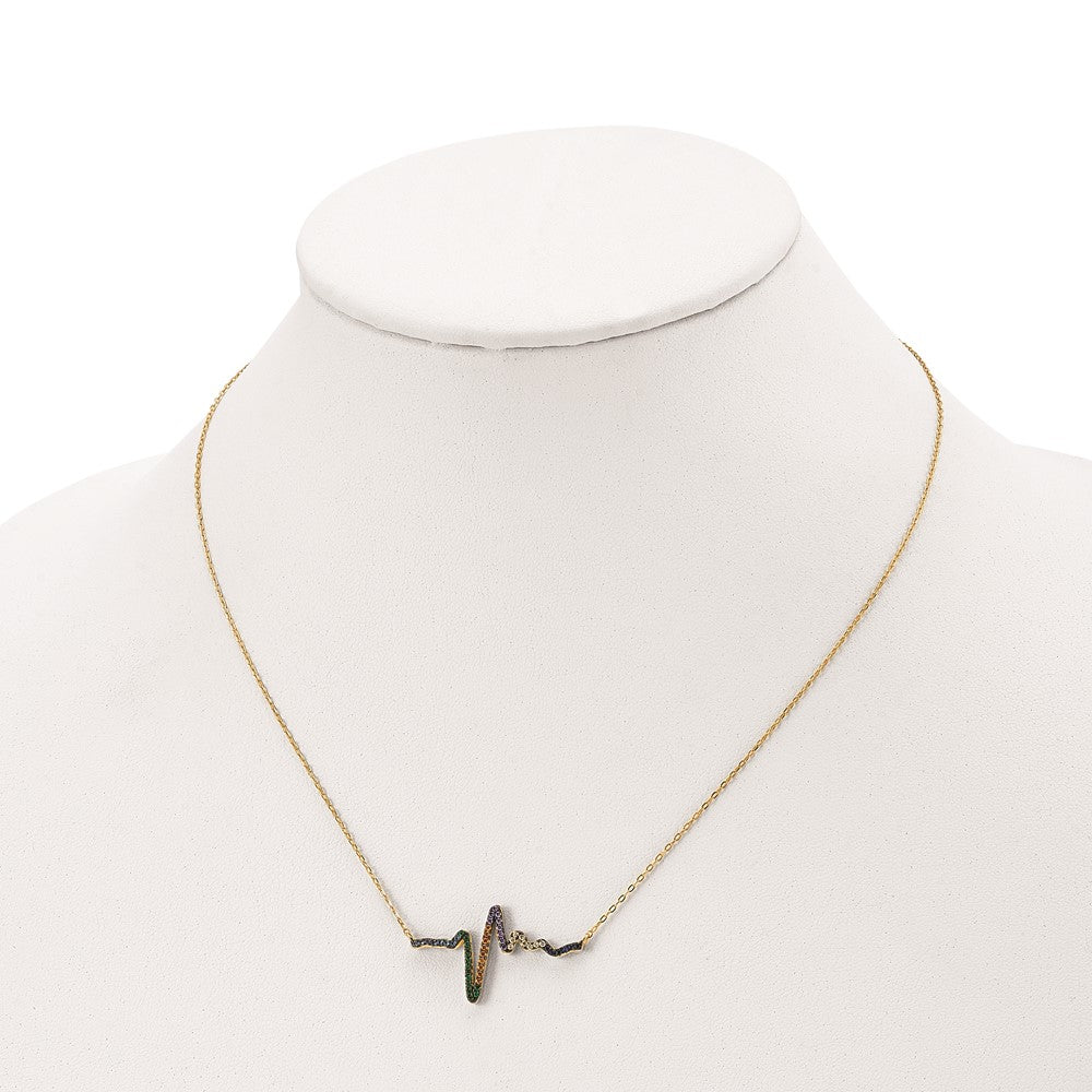 Sterling Silver Prizma Gold-Tone 14K Flash Gold-Plated 18 Inch Colorful Cz Heartbeat Necklace With 1 Extender