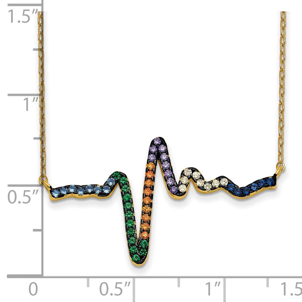 Sterling Silver Prizma Gold-Tone 14K Flash Gold-Plated 18 Inch Colorful Cz Heartbeat Necklace With 1 Extender