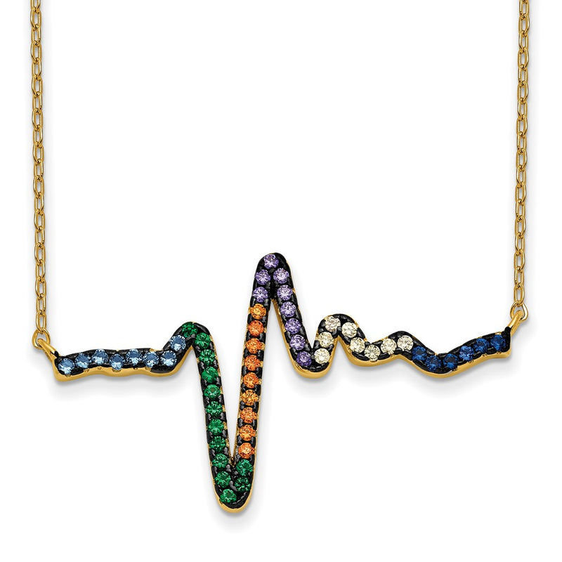 Sterling Silver Prizma Gold-Tone 14K Flash Gold-Plated 18 Inch Colorful Cz Heartbeat Necklace With 1 Extender
