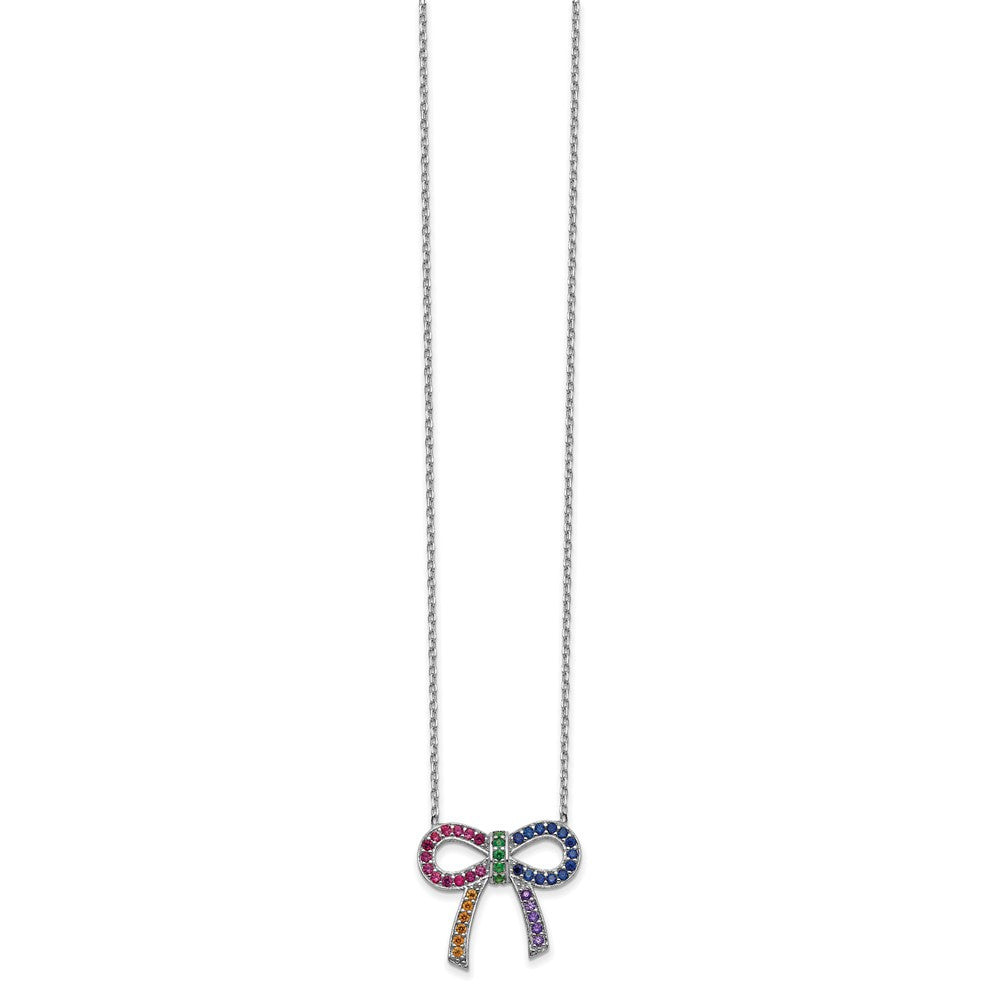 Sterling Silver Prizma Rhodium-Plated 16 Inch Colorful Cz Bow Necklace With 2 Extender